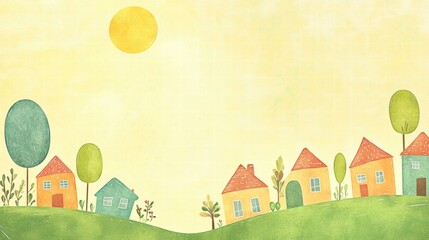 Aufkleber - Naive art style landscape featuring colorful houses on a sunny day with space for added text. Generative AI