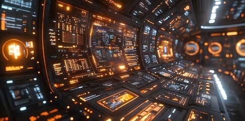Poster - A futuristic control room with illuminated panels and screens, suggesting advanced technology.