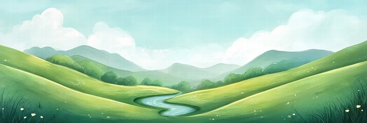Poster - Warm and inviting naive art landscape featuring a winding river, gentle hills, and soft clouds under a bright sky. Generative AI