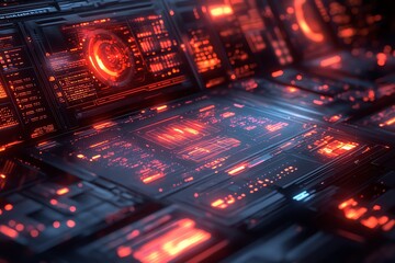 Poster - Futuristic interface with glowing panels and intricate data displays.