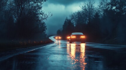 Poster - Nighttime road illuminated by bright streaks of car lights creating a dynamic atmosphere perfect for evening drives. Generative AI
