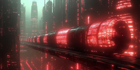 Fototapete - A futuristic cityscape featuring illuminated red structures and a transport system.