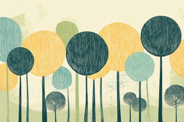Aufkleber - Bright naive art style background featuring colorful trees in various shapes and sizes suitable for mock up and text placement. Generative AI