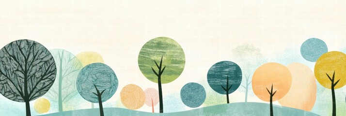 Poster - Colorful naive art style landscape with trees and ample copy space for adding text. Generative AI