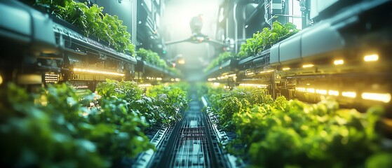 Poster - Futuristic farm with robot farmers utilizing drones, sensors, and autonomous machines for efficient crop management and sustainable agriculture