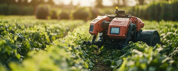 Poster - Futuristic robot farmers in action, utilizing advanced machinery, AIdriven crop management, and automated farming techniques for ecofriendly agriculture