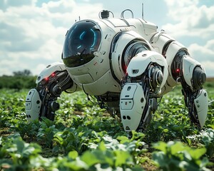 Aufkleber - Futuristic robotic farmworkers harvesting crops, tending to fields, and utilizing stateoftheart technology for efficient, sustainable agriculture