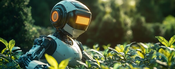 Poster - Futuristic robot farmers in action, utilizing advanced machinery, AIdriven crop management, and automated farming techniques for ecofriendly agriculture