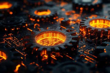 Poster - A close-up of glowing gears and circuitry, evoking a futuristic industrial aesthetic.