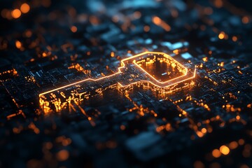 Aufkleber - A glowing key shape over a digital cityscape, symbolizing security and technology.