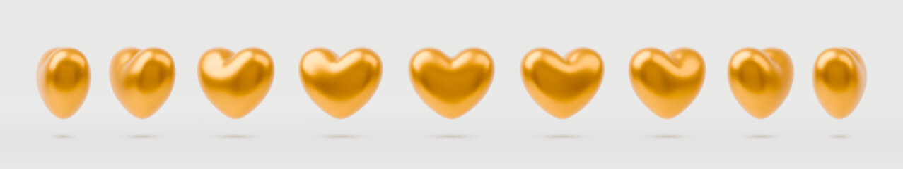 Wall Mural - animation sprite sheet of gold heart sequence rotation. gold glossy 3d heart balloon in different an