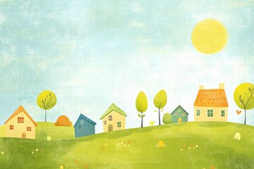 Aufkleber - Colorful naive art style landscape with cheerful houses and a bright sun in the background. Generative AI