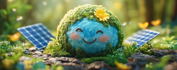 Wall Mural - Smiling globe with thriving forests, wildlife, and solar panels, representing a positive, ecoconscious environment for Earth Day