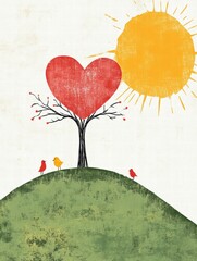 Aufkleber - Whimsical hand drawn Valentine design featuring a heart tree with birds and sun on a grassy hill. Generative AI