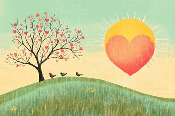 Leinwandbilder - Whimsical Valentines Day design featuring a heart tree and singing birds in a serene landscape with copy space included. Generative AI