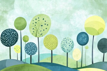 Aufkleber - Bright and colorful naive art style landscape with abstract trees and hills featuring ample copy space for creative projects. Generative AI