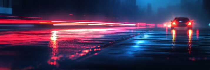 Poster - Bright streaks of car lights illuminate the wet night road creating a vibrant urban atmosphere. Generative AI