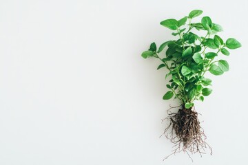 A vibrant young plant with fresh green leaves, its roots slightly visible, placed on a pure white background.