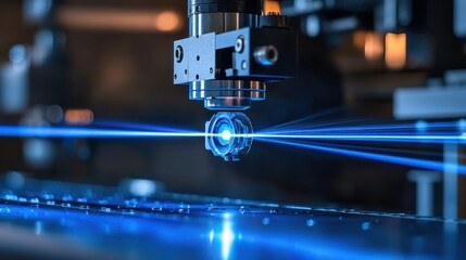 A high-tech laser system focusing on a component in an industrial setting.