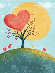 Aufkleber - Whimsical Valentines Day design featuring a heart shaped tree and playful birds in a serene landscape. Generative AI