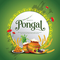 tamil nadu festival happy pongal with pongal props, holiday background, pongal celebration greeting 