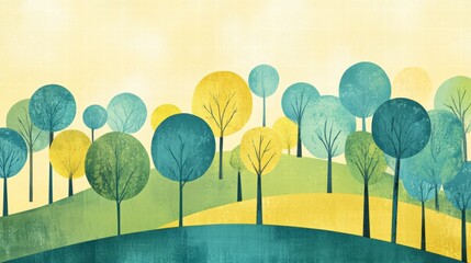 Aufkleber - Colorful naive art style landscape with trees and hills inviting creativity in a serene setting. Generative AI