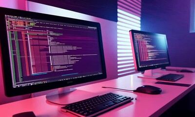 Vibrant Pink-lit Desk with Multiple Computers Displaying Code, Fast Motion Blur