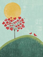 Leinwandbilder - Whimsical Valentines Day design featuring a heart tree, playful birds, and bright sun with copy space for personalized message. Generative AI