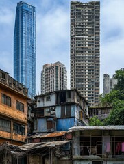 Aufkleber - Luxury skyscraper contrasts with rundown shacks in urban landscape showcasing economic disparity. Generative AI