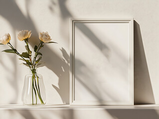 Wall Mural - A square, white-framed poster mockup leans against the wall, resting on an empty table with flowers in a vase