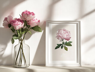 Wall Mural - A square, white-framed poster mockup leans against the wall, resting on an empty table with flowers in a vase