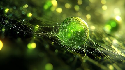 Aufkleber - A digital representation of interconnected particles in a green, glowing environment.
