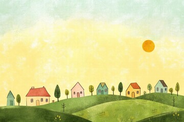 Aufkleber - Colorful naive art style village landscape under a bright sun with ample space for text placement. Generative AI