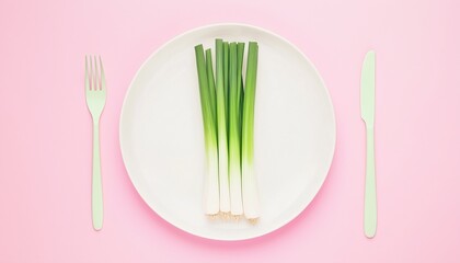 Leeks seasoning vegetable for delicious cooking on wooden plate flat lay