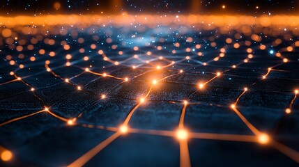Poster - Abstract digital network with glowing nodes and grid structure.