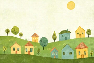 Poster - Charming naive art style landscape featuring colorful houses and trees on a sunny day with ample space for text. Generative AI