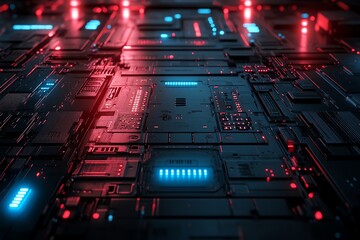 Leinwandbilder - A futuristic circuit board design with glowing elements in blue and red tones.