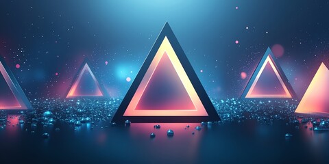 Poster - A futuristic scene featuring glowing triangular shapes on a reflective surface with colorful lights.