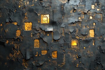 Aufkleber - Abstract depiction of a textured surface with circuit-like patterns and glowing elements.