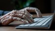 © Preecha - Close-up of robotic fingers typing on a keyboard in a modern workspace, ample room for advertising text, professional photography, balanced composition,