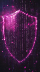 Aufkleber - A digital shield with a glowing pink outline against a backdrop of binary code.