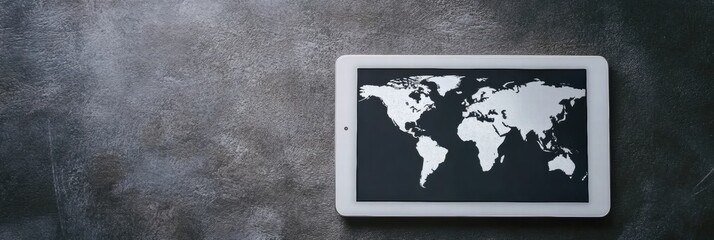 Poster - Modern flat lay featuring a tablet with a world map and ample copy space for custom text or branding purposes. Generative AI