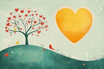 Aufkleber - Whimsical hand drawn Valentines Day design with heart tree and cheerful birds inviting love and joy. Generative AI