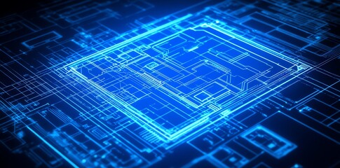 Fototapete - A digital representation of a circuit board with blue neon lines.