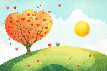 Aufkleber - Whimsical Valentines Day design featuring a heart shaped tree with love hearts and cheerful birds on a sunny day. Generative AI