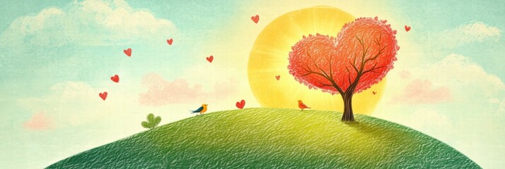 Aufkleber - Whimsical hand drawn Valentines Day landscape featuring a heart tree and colorful details. Generative AI