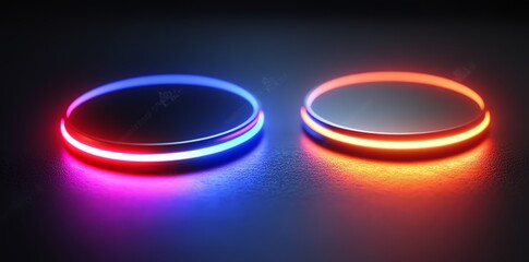 Aufkleber - Two circular discs with glowing edges, one blue and one red, on a dark surface.