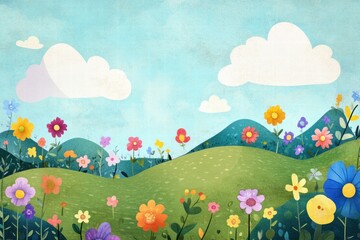 Leinwandbilder - Colorful naive art style landscape with flowers and clouds in a bright sky inviting creative use of space for text and design. Generative AI