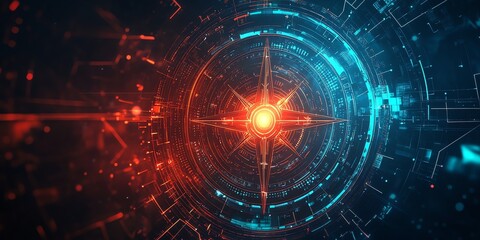 Poster - A digital compass design with blue and red elements, symbolizing navigation and technology.