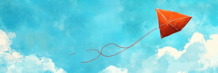 Aufkleber - Bright orange kite soaring in a blue sky with fluffy white clouds and plenty of space for text or design elements. Generative AI